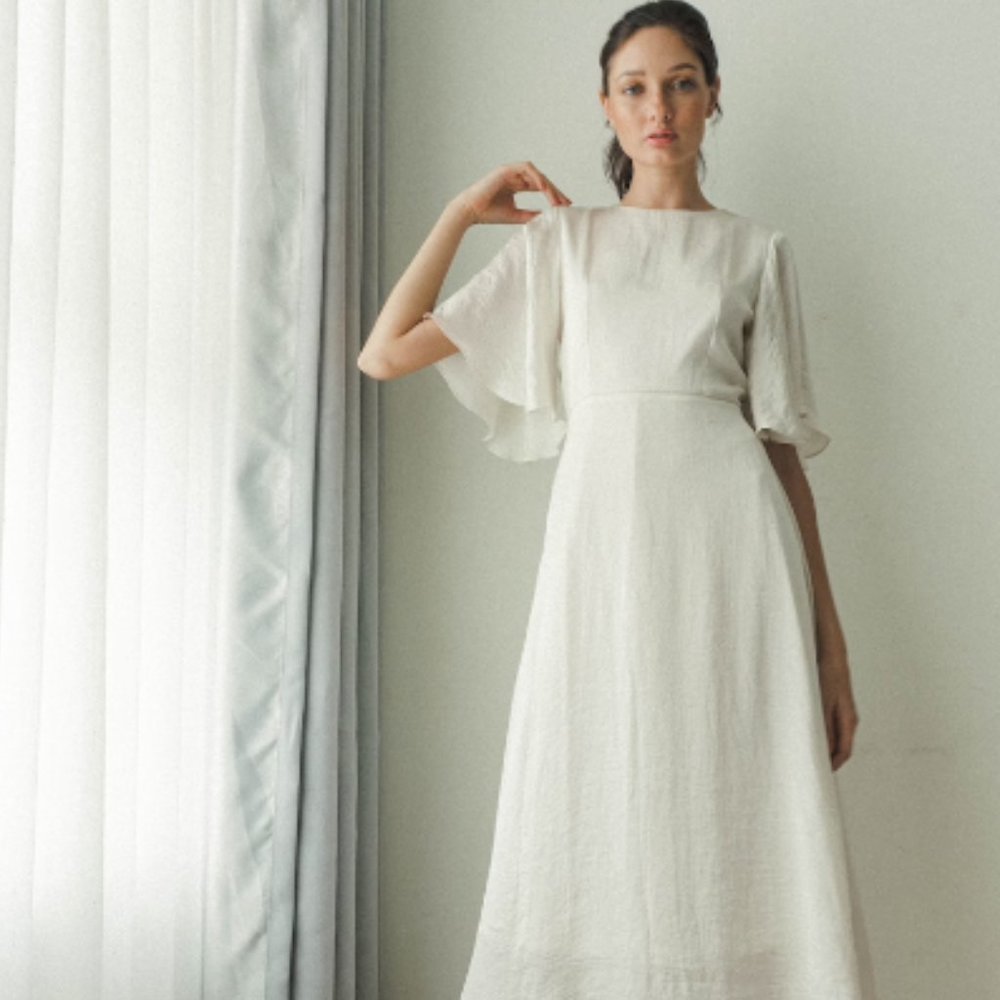 Noire Ivory Satin Tea Length Simple Flutter Sleeve Classic Wedding Dress